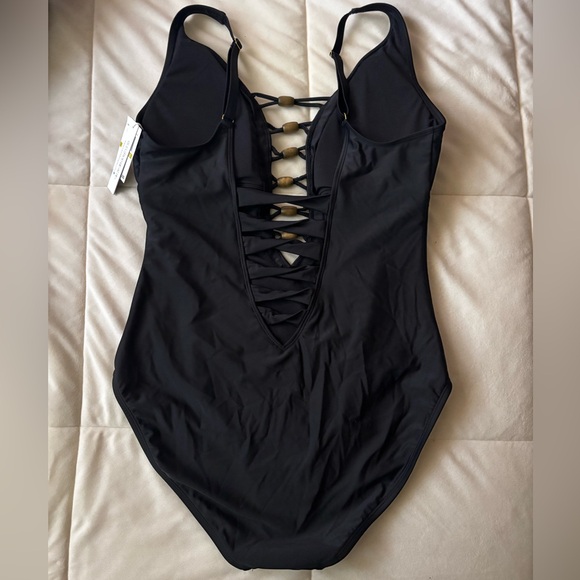 Black One-Piece Swimsuit with Decorative Front Straps - Picture 2 of 3